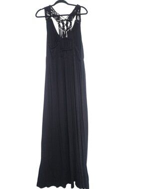 Lane Bryant 14/16 Black Maxi Dress Macrame Back Sleeveless Stretch Boho
